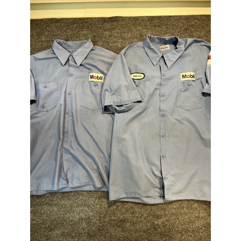Vintage Mobil Oil Mechanic Shirts Lot of 2 Clayton Workwear Blue XL 2XL Patches